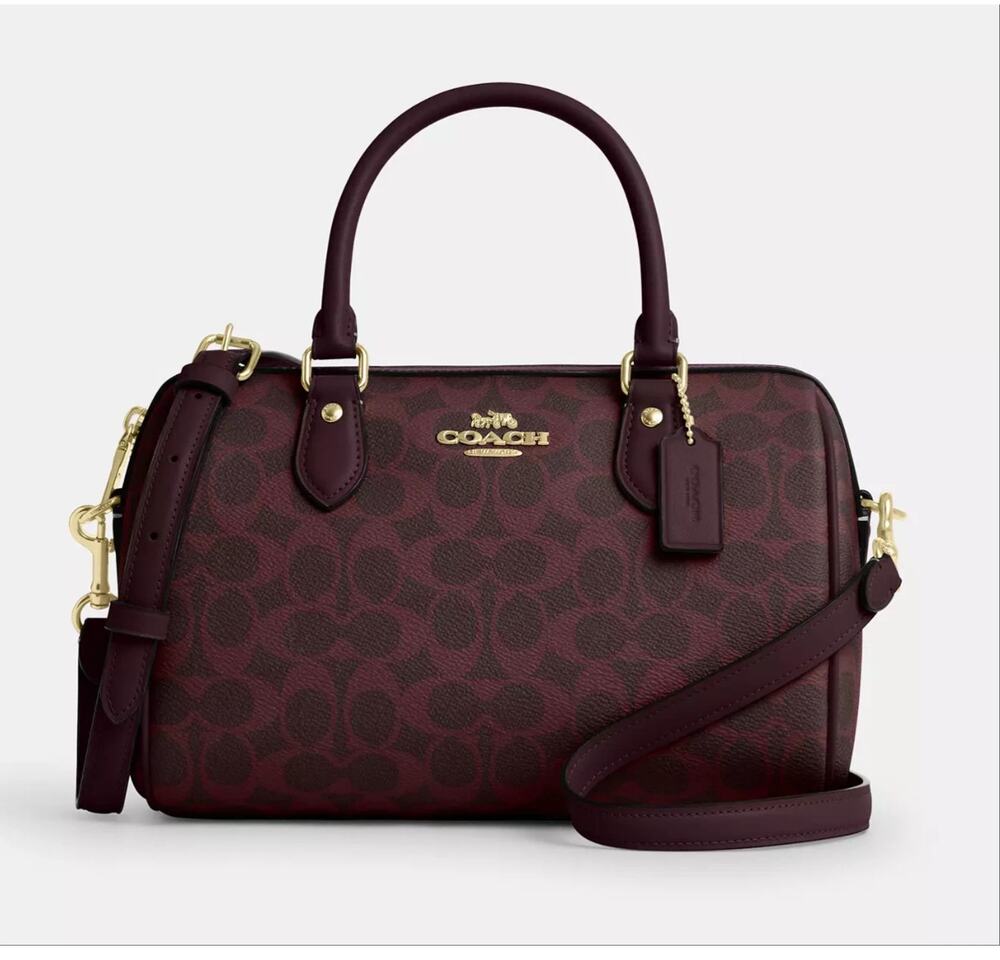 NWT Coach Rowan Satchel Bag In Signature Canvas Gold/BLACK CURRANT CV961
